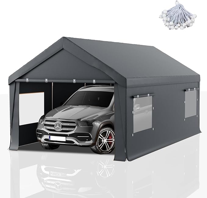 Carport 12x20 FT Heavy Duty,Outdoor Portable Garage with Removable Sidewalls & Doors, Waterproof, UV-Resistant Canopy Shelter for Vehicles, Boats, RVs, Trucks, All-Season Car Port, Gray
