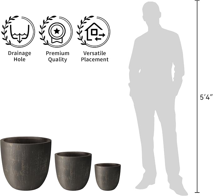 Kante 18",14",10" Dia Concrete Round Planters (Set of 3), Outdoor Indoor Large Planter Pots with Drainage Hole and Rubber Plug for Home Patio Garden, Oil Rubbed Bronze