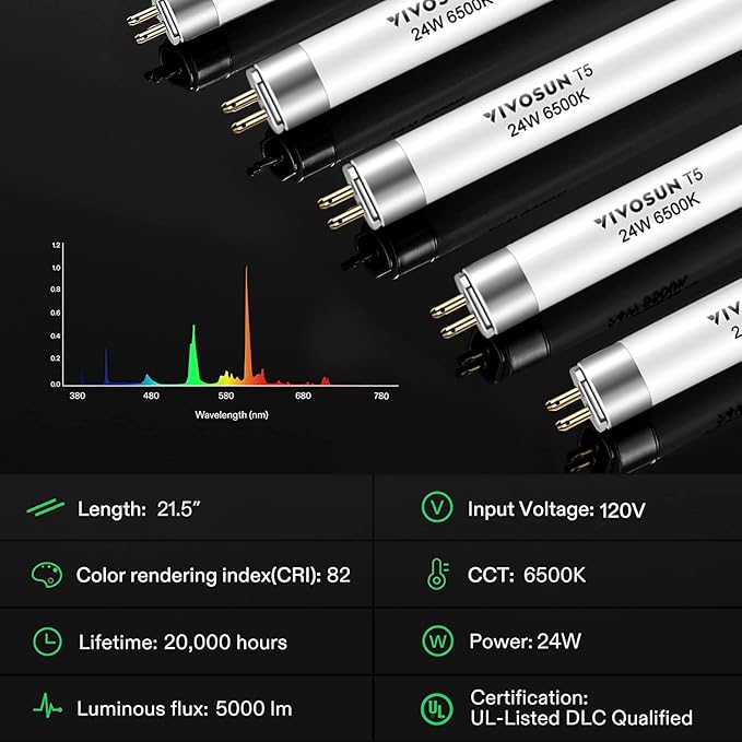 VIVOSUN T5 Grow Light Bulbs 2 Ft 22 Inches, 24W 6500K HO Fluorescent Tubes Light Bulbs, Cool White T5 Bulb for 22 Inches T5 Light Fixtures, T5 Grow Lights for Indoor Plants, 2 Ft 24W Pack of 5