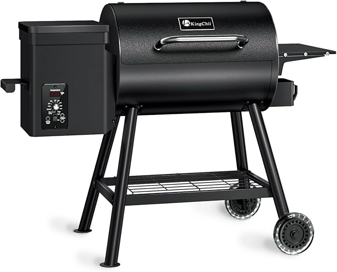KingChii Electric Wood Pellet Grill & Smoker with Side Shelf, 456 SQ.IN Grill Capacity, with PID Temperature Control (180-425°F) for Backyard Camping Bake and Roast, Black