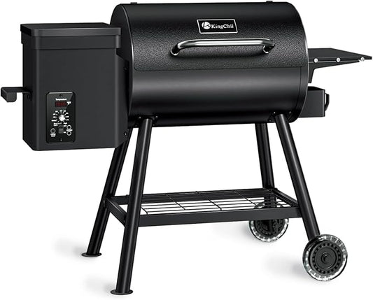 KingChii Electric Wood Pellet Grill & Smoker with Side Shelf, 456 SQ.IN Grill Capacity, with PID Temperature Control (180-425°F) for Backyard Camping Bake and Roast, Black