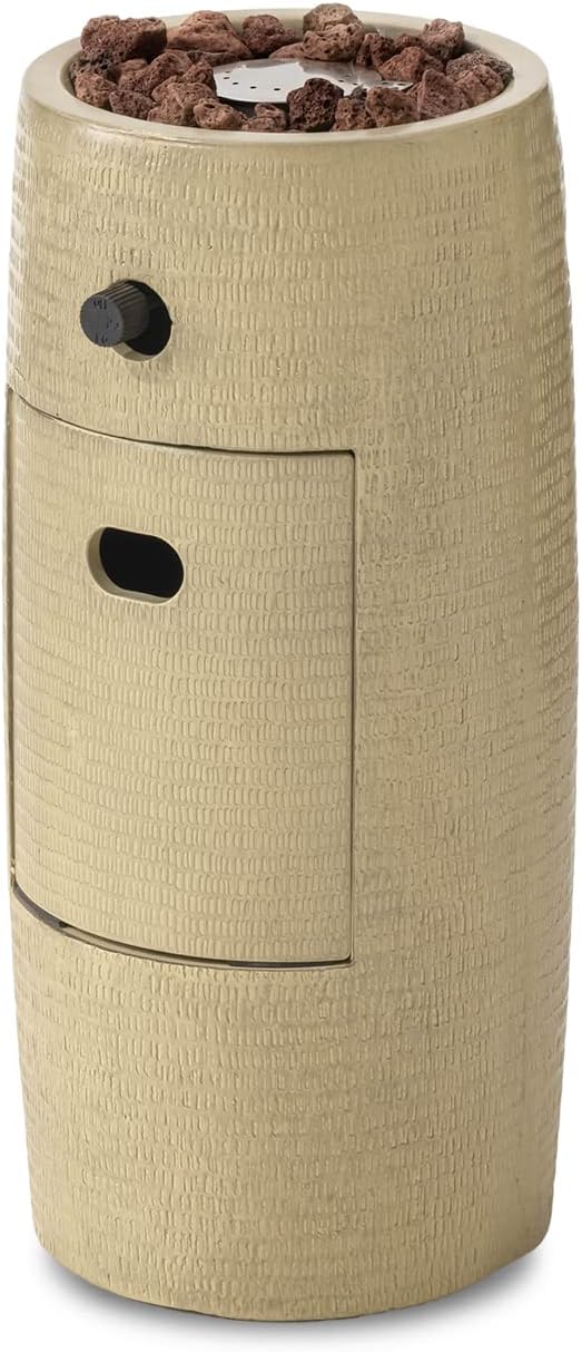 SUNBURY Outdoor Propane Fire Pit, Stone Like Fire Pit Table with Glass Wind Guard, Waterproof Cover, 15000BTUS Small Column Firepit Garden Lighting (Beige)