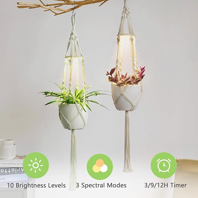 Macrame Plant Hanger with Grow Light: 2 Pack Sturdy Hanging Planters for Indoor Plants, Cute Plant Holder with Plant Light, Perfect for Different Size Pots (Daylight Spectrum)