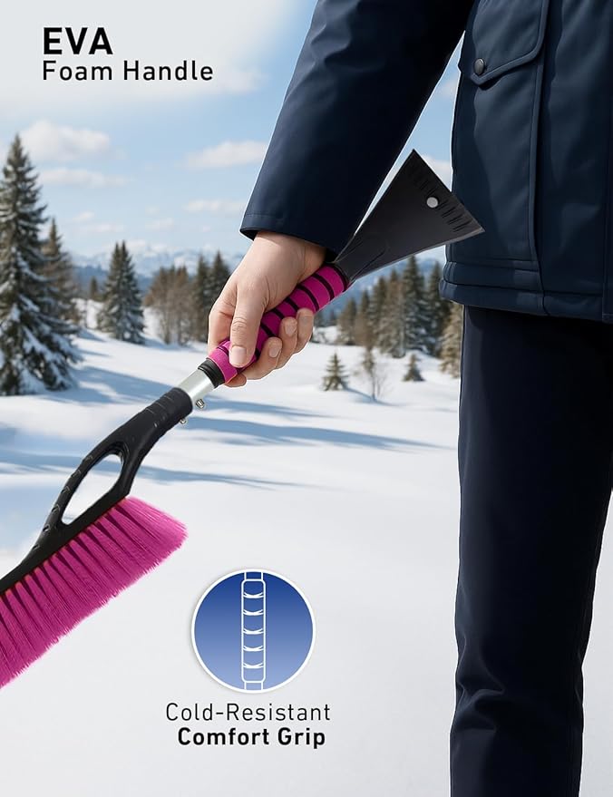 EcoNour 27" Aluminum Snow Brush 4 Pack with Ice Scrapers for Car Windshield and Window | Car Snow Scraper and Brush with Ergonomic Foam Grip Winter Accessories (Orange, Pink, Green, Blue)