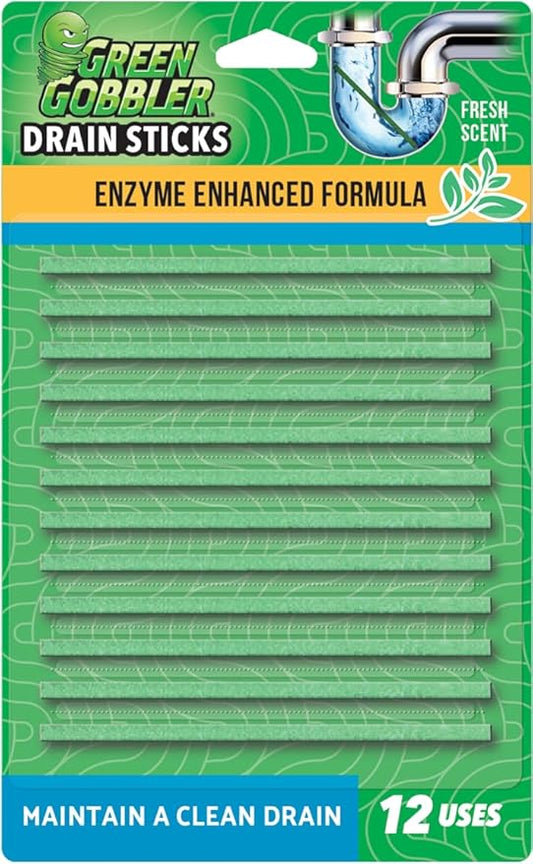 Green Gobbler Drain Cleaner and Deodorizer Sticks with Enzymes - Maintain a Clean Drain, Safe for Pipes and Septic Tanks, Use Monthly - 12 Pack