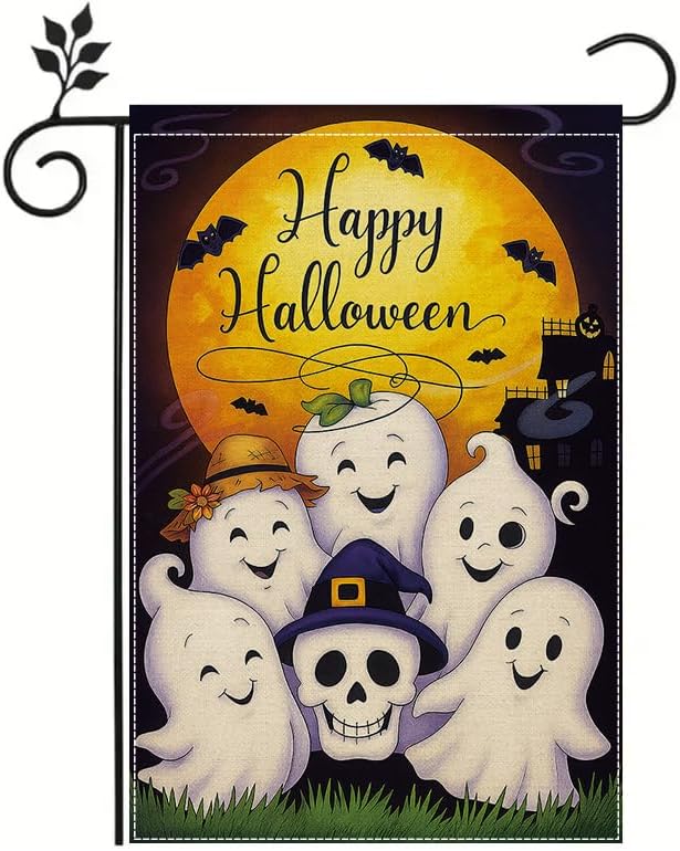 Halloween Garden Flag 12x18 Inch – Cute Ghosts and Pumpkin Skull Yard flag, Double Sided Happy Halloween Outdoor Decoration for Porch, Patio, Lawn, Garden, Birthday Party Décor