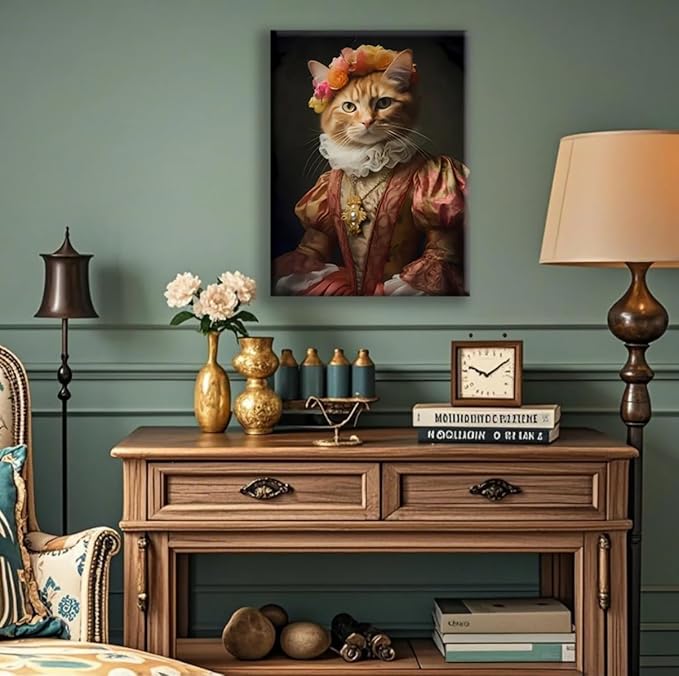 Jatinoo Orange Cat Gothic Wall Art - 11.5x15 inch Framed Canvas Print, Witchy Dark Academia Vintage Home Decor for Halloween, Moody Aesthetic Room Poster for Cat Lovers