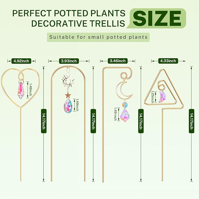 Small Trellis for Potted Plants Indoor with Colorful Crystal Sun Catcher, 14.17 Inch Metal Plant Lattice for Mini Potted Plant Decoration for Home Window Garden 4 Pack