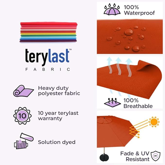 Midtown Umbrellas The Swilt 10 Feet Patio Umbrella in Terylast Apple (Red) Polyester Fabric - Fiberglass Ribs, Auto-Tilt Aluminum Frame For Backyard, Deck, Garden, Pool - White Pole