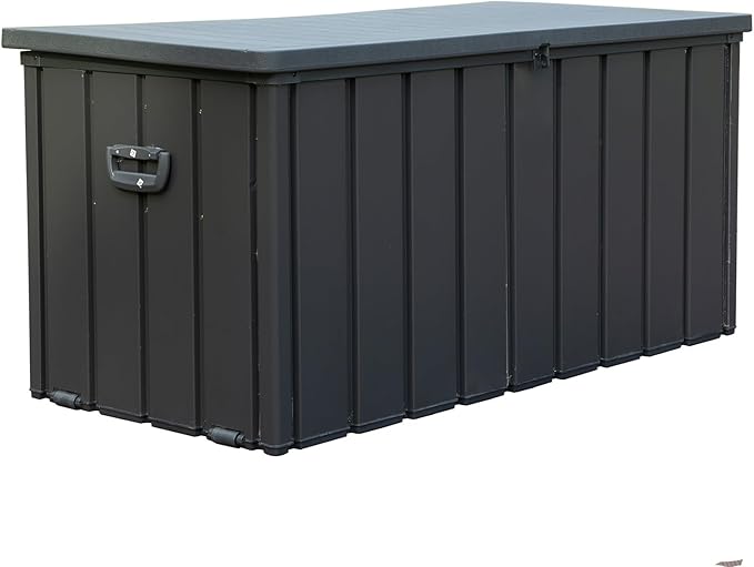 CHUNLY 100 Gallon Outdoor Waterproof Deck Box with Lockable Resin Lid, Storage Bench w/Mobility Rollers, All-weather Patio Storage Box for Outside Furniture Cushions, Garden Tools (Dark Gray)