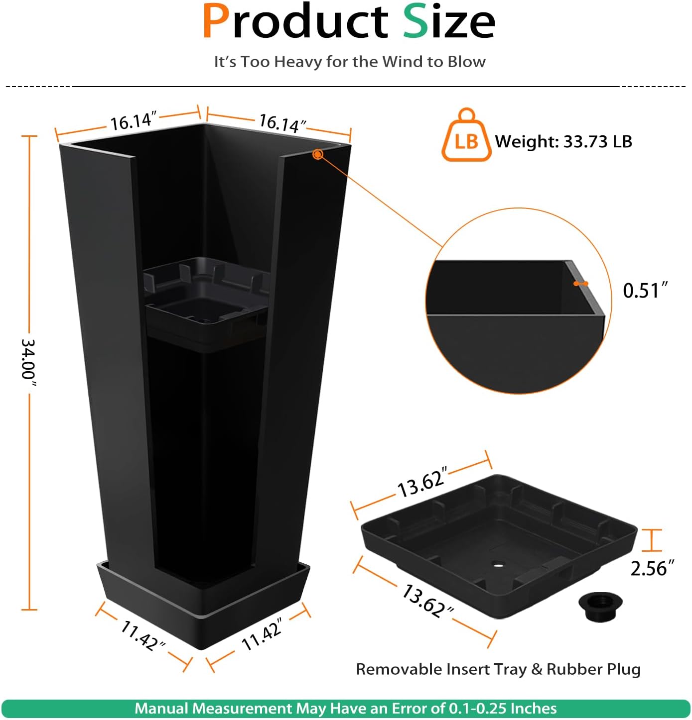 Tall Planters for Outdoor Plants, Large Resin Flower Pots with Saucers for Garden, Front Porch, Patio, Indoor - Set of 2 (Black, 34 inch - 2 Pack)