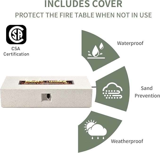 COSIEST 2-Piece Outdoor Propane Fire Table Set, Rectangle Concrete 56" Rectangular Fire Pit, CSA Certified, 50,000 BTU, w 20lb Tank Table,Waterproof Cover for Garden, Porch, Backyard