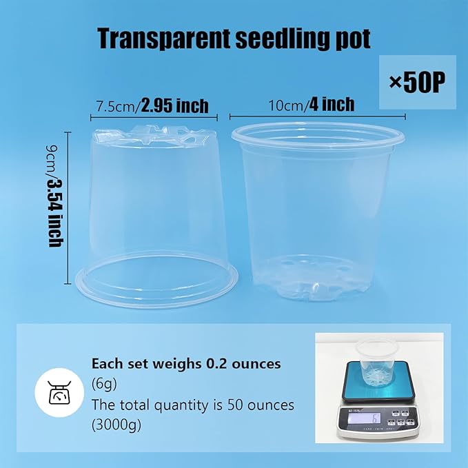 4" Clear Seeding Pots 50-Pack Round for Seeds Starting, Seeds Germination Transparent Nursery Pots with Drainage Holes (4Inch,Clear,50Pcs)