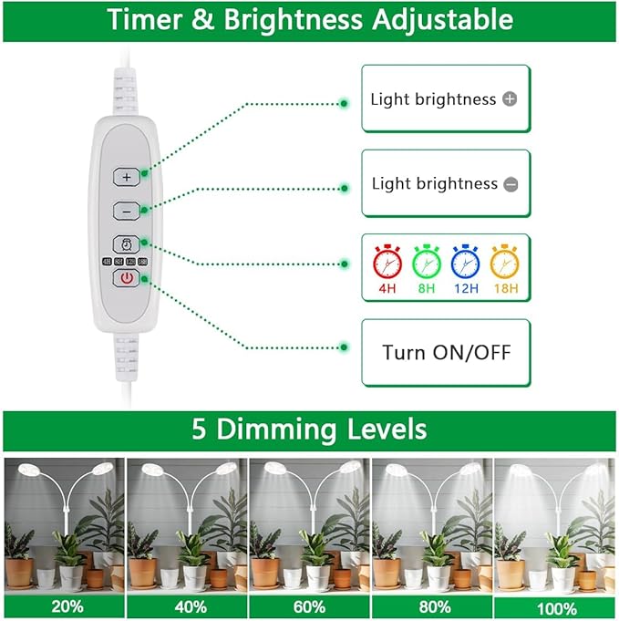 Grow Light Dual Ring 3.5" with Base, 122 LEDs 6000K White Full Spectrum Gooseneck Plant Lamp for Indoor Desk Plants, Dimmable & Height Adjustable 9-16", Timer 4/8/12/18Hrs