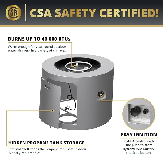 32 Inch Propane Fire Pit Table, 50,000 BTU Round Outdoor Fire Table, Alloy Steel Gas Fire Pits with Waterproof Cover, Lava Rocks and Lid, CSA Certified, for Patio, Deck, Backyard, Gray