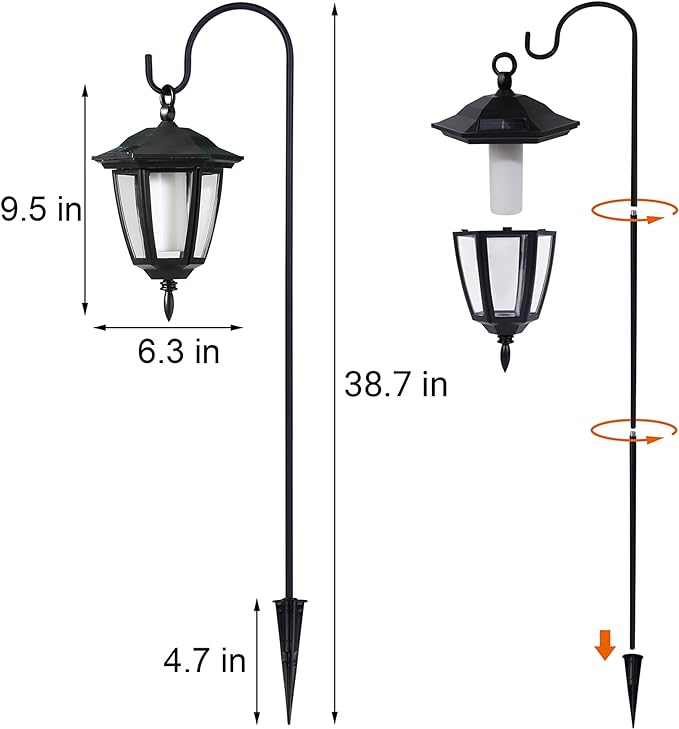Dynaming 4 Pack Solar Flame Hanging Lights Outdoor, Solar Flickering Flame LED Garden Lanterns with 4 x 38 Inch Shepherd Hooks, Landscape Lighting Waterproof for Lawn Patio Yard Pathway Driveway