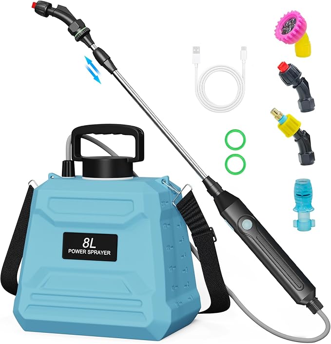 Battery Powered Sprayer 2 Gallon, 7.4V Powerful Electric Sprayer with 4 Nozzles, Rechargeable Handle with 36.22'' Retractable Wand, Adjustable Shoulder Strap, Weed Sprayers in Lawn Garden Yard (Blue)