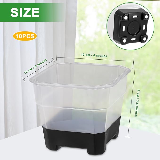Aobiono 10 Packs 4 Inch Clear Nursery Pots with Reinforced Silicone Base for Easy Transplant, Reusable Seed Starter Seedling Small Plant Flower Pots with Drainage (Black, 10 Packs)