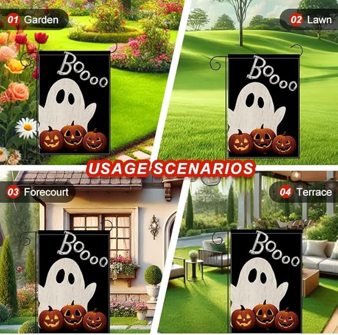 Halloween Garden Flag 12x18 Inch Double Sided, Boo Ghost Pumpkin Yard flag, Spooky Outdoor Halloween Party Decoration for Porch, Patio, Lawn, Garden, Indoor & Outdoor Décor