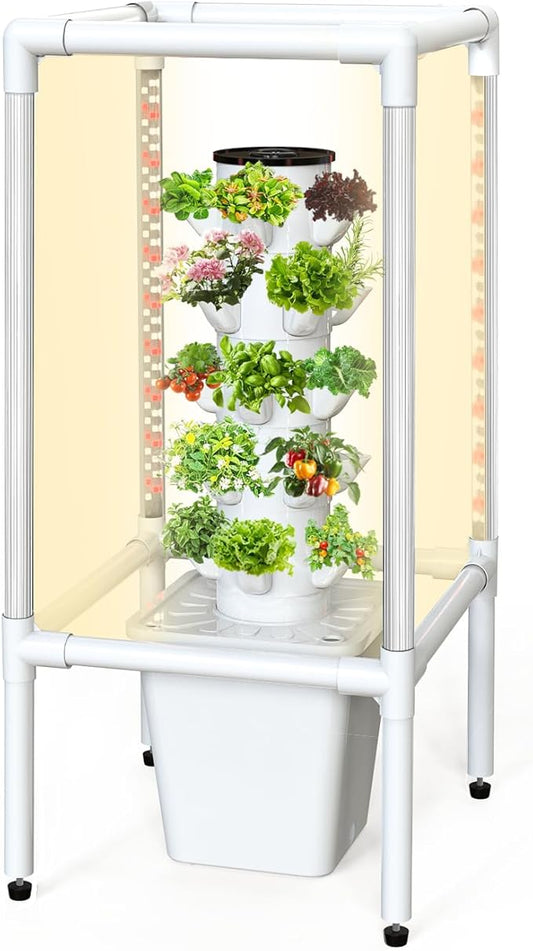 SJZX Hydroponics Growing System, Hydroponic Tower with Full-Spectrum Grow Lights, 5 Tiers Indoor Outdoor Garden Planter, Vertical Home Gardening Germination Kits for Vegetables, Fruits, Herb (25 Pods)