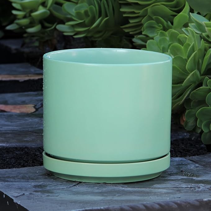 Ceramic Mid Modern Planter Pots with Detached Saucer - Indoor/Outdoor Plant Pots with Drainage Hole