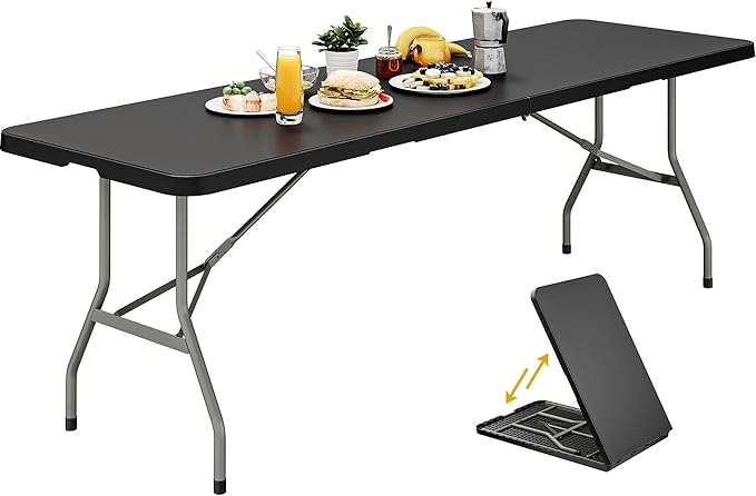 YITAHOME 8FT Heavy Duty Folding Table for Indoors & Outdoors Use, Versatile Rectangle Folding Table with Carrying Handle for Camping, Picnics, Parties, and Events, Black