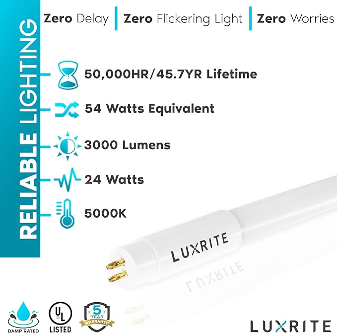 LUXRITE 4FT T5 LED Tube Lights, Type A+B, 24W=54W, 5000K Bright White, 45.78", Ballast and Ballast Bypass Compatible, Single or Double End Powered, F54T5 Fluorescent Replacement, Damp Rated (4 Pack)