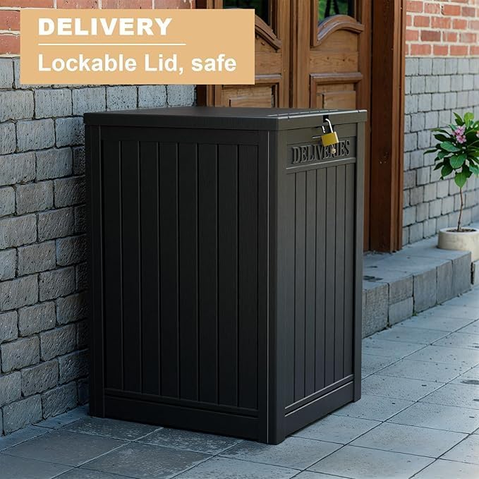 48 Gallon Resin Package Delivery Box - Rust & Moisture Resistant, Lockable, Waterproof Deck Box for Porches, Patios, Indoor & Outdoor Use (Blcak, 48 GAL)