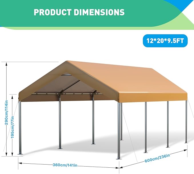 12x20 Ft Heavy Duty Carport, Portable Garage with Doors, Ventilated Windows, Waterproof and UV Resistant Carport Canopy for Cars, Boats, Suvs, Yellow