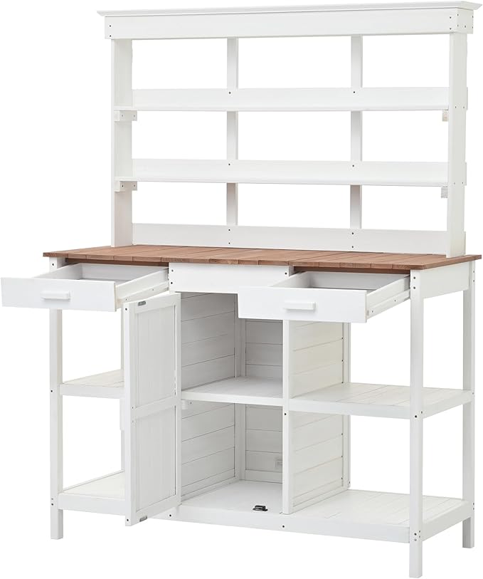 Outdoor Wooden Potting Bench Table – Farmhouse Garden Workstation with Drawers, Cabinet & Storage Shelves, Large Fir Wood Work Table for Patio, Backyard, Mudroom, Greenhouse (White, 66'' H)
