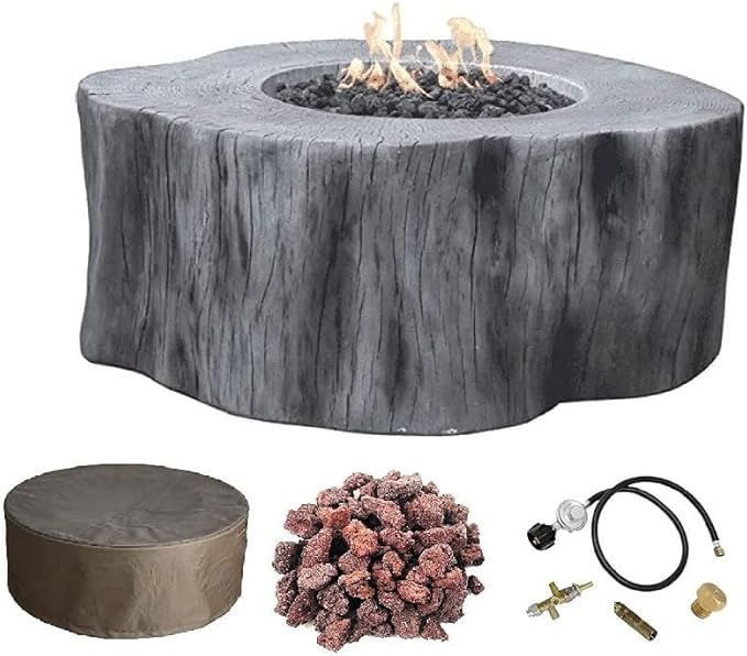 Elementi | Manchester Gas Fire Pit Cast Concrete Semi-Round Fire Table, Outdoor Fire Pit Electronic Ignition | Canvas Cover, Lava Rock Included | Classic Gray (Propane Gas)