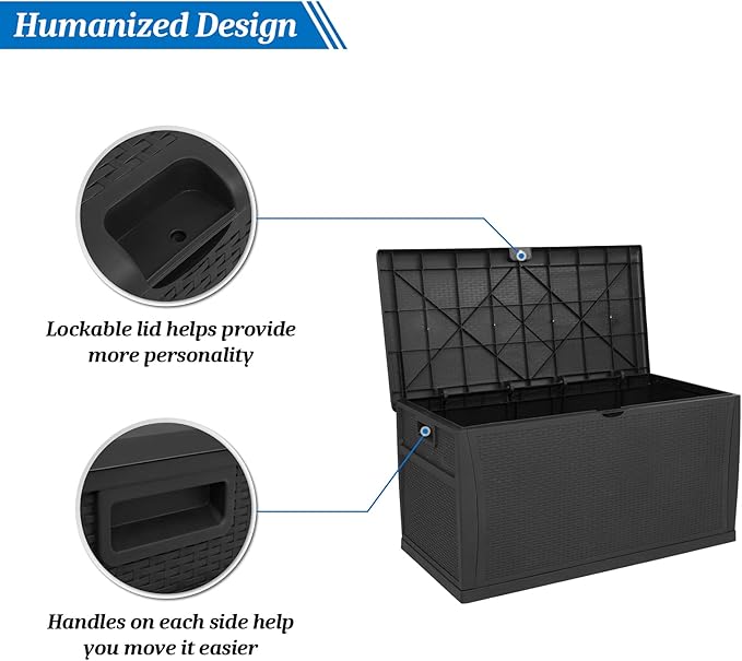 VINGLI Upgraded 120 Gallon Outdoor Storage Box, Lockable Plastic Storage Containers with Lid, Rattan Grain Surface Deck Box Patio Furniture for Garden, Pool, Balcony, Yard (Black)