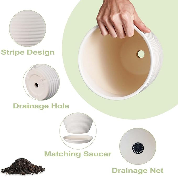 10 Inch Ceramic Planter Pot - Large Plant Pot with Drainage Hole and Saucer, Modern Round Flower Pots for Indoor Outdoor Plants, Garden Planter, White