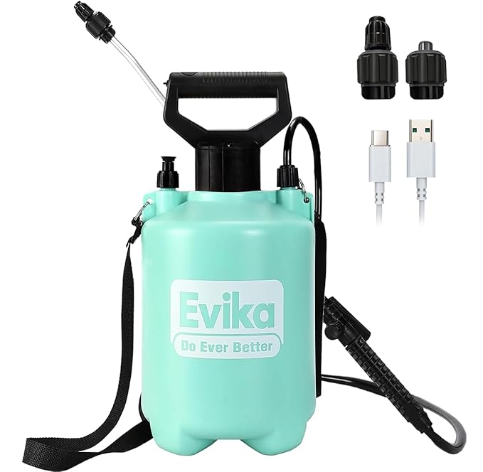 EVIKA 1 Gallon Battery Powered Pump Sprayer, Air Liquid Pump Sprayer with Adjustable Nozzle and Fan Nozzle, Weed Spray, Automatic Garden Pressure Sprayer for Weeding Spraying and Cleaning, Green