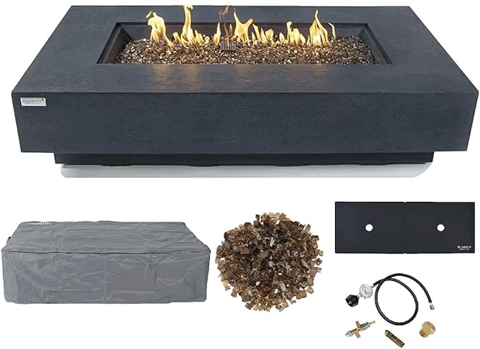 Elementi+ | Positano Gas Fire Pit Cast Concrete 60" Rectangular Fire Table, Outdoor Fire Pit Electronic Ignition | Canvas Cover, Fire Glass and Burner Lid Included | Dark Gray | Natural Gas