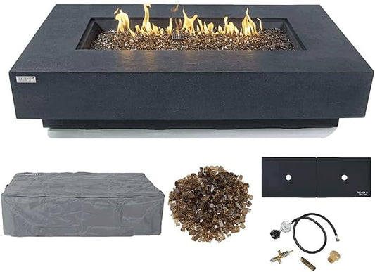 Elementi+ | Positano Gas Fire Pit Cast Concrete 60" Rectangular Fire Table, Outdoor Fire Pit Electronic Ignition | Canvas Cover, Fire Glass and Burner Lid Included | Dark Gray | Natural Gas