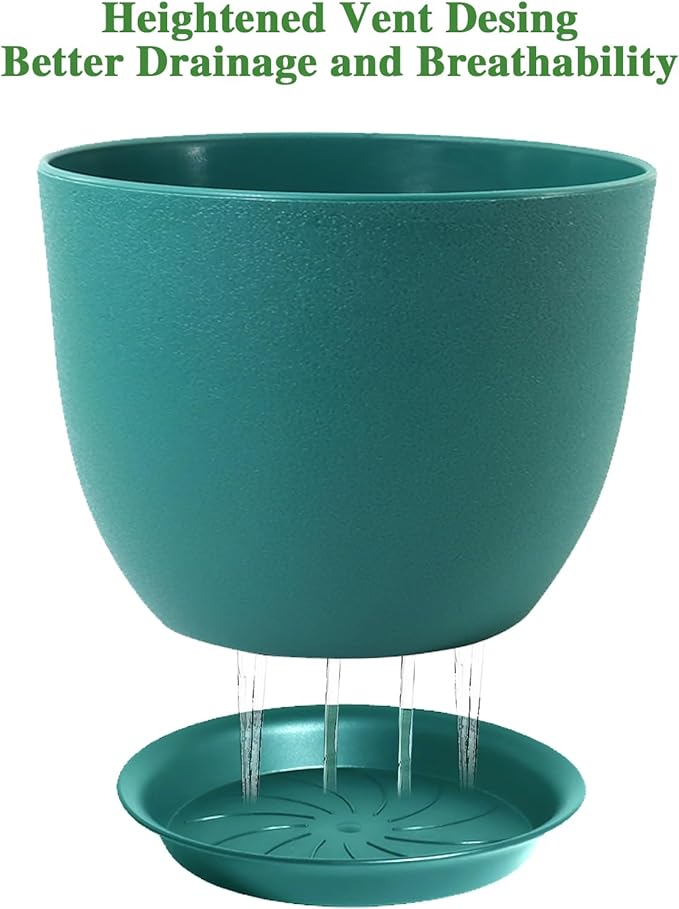 12/10/9 Large Modern Plant Pots, Plastic Planters with Drainage Holes and Saucers for Indoor Outdoor Plants Flowers, Malachite Green