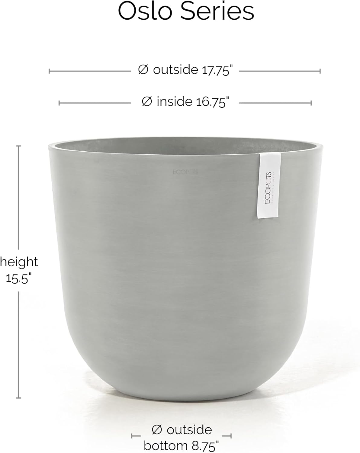Ecopots Oslo Durable Modern Round Indoor/Outdoor Recycled-Based Composite Flower Pot Planter, White Grey, 17.75"