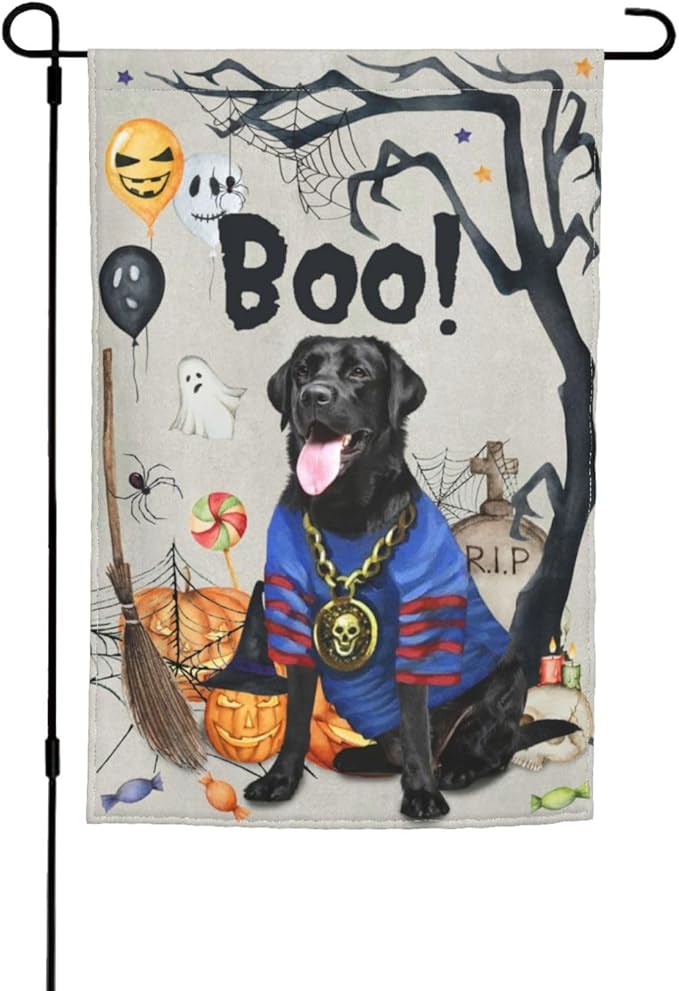 Labrador Black Dog Halloween Boo Pumpkin Garden Flag Welcome Party Outdoor Outside Decorations Picks Home House Garden Yard Decor 12x18 Inch