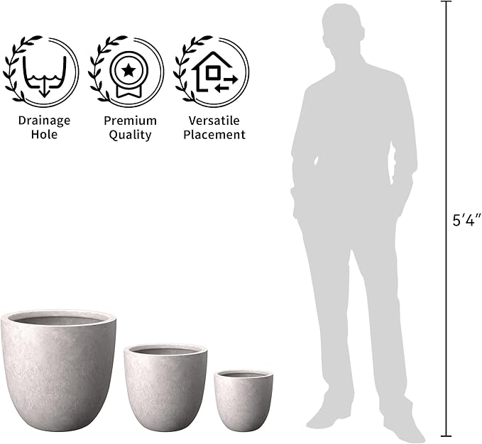 Kante 18",14",10" Dia Concrete Round Planters (Set of 3), Outdoor Indoor Large Planter Pots with Drainage Hole and Rubber Plug for Home Patio Garden, Light Gray