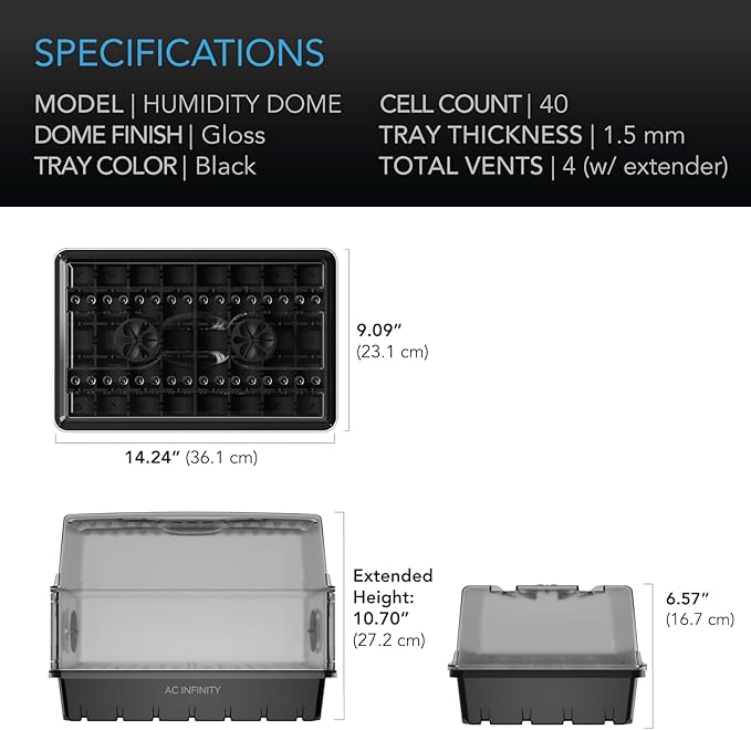 AC Infinity Humidity Dome, Heavy-Duty Germination Kit with 3 mm Thick Dome, Sturdy Drip Tray, 5x8 Cell Seedling Tray, and Vented Height Extension Panels, for Seed Starting, Propagation, Cloning Plants