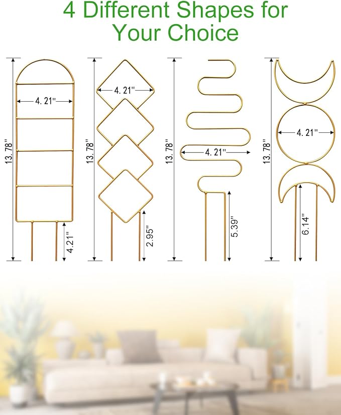 4 Pack Indoor Climbing Plant Trellis, Small Trellis for Potted Plants Outdoor, Metal Garden Trellis Plant Support Trellis with Different Patterns for Vine Ivy Flower (Golden)