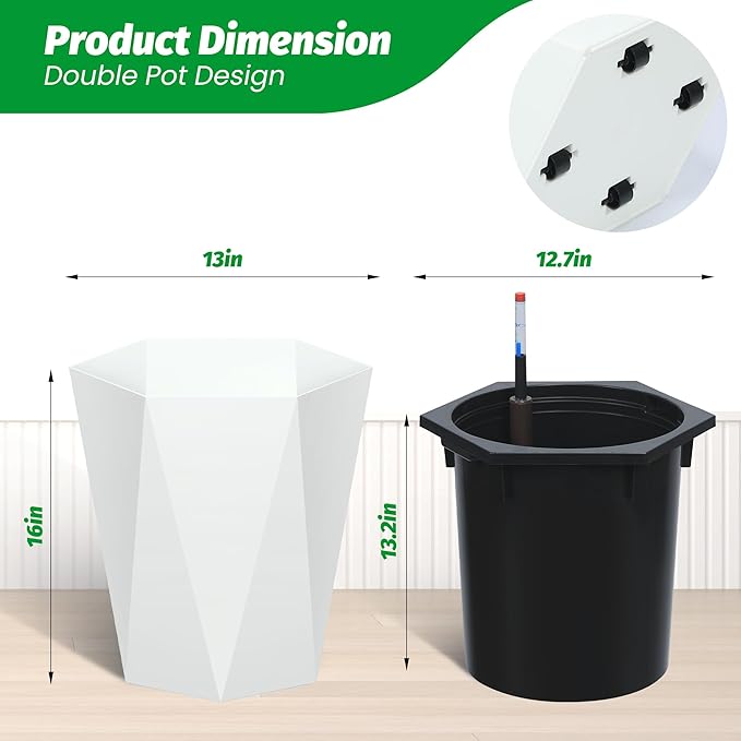 16 Inch Tall Outdoor Planters Set of 2, Self Watering Pots for Indoor Plants with Water Level Monitor & Drainage Hole & Wheels, Large Planter Pots for Garden, Patio, Balcony, White