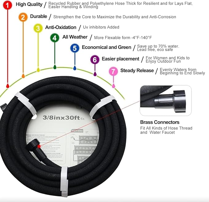 Soaker Hose 50ft - Garden Rubber Soaking Drip Hoses 5/8" Saving 70% Water Garden Hose, Drip Irrigation Round Hose for Lawn Yard, flower beds