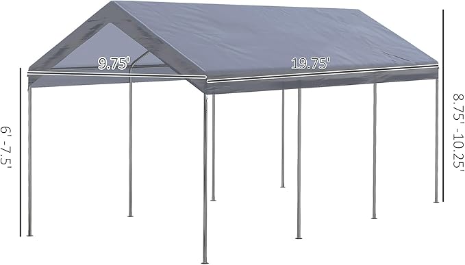 Outsunny 10' x 20' Party Tent and Carport, Height Adjustable Portable Garage, Outdoor Canopy Tent 8 Legs Without Sidewalls for Car, Truck, Boat, Motorcycle, Bike, Garden Tools, Gray