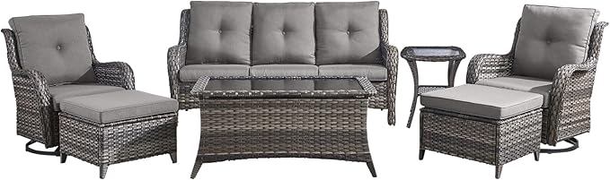 Wicker Rattan Patio Furniture Set - 7 Pieces Outdoor Couch with Swivel Chairs, Ottomans and Coffee Table for Deck, Poolside, Backyard - Grey