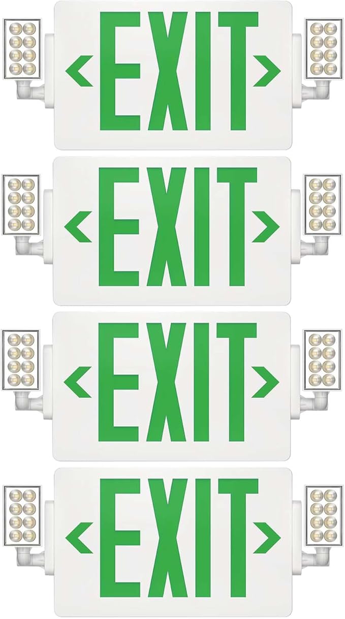 Spectsun 4 Packs Exit Signs with Emergency Lights,120-277VAC -LED Combo Emergency Light with Backup Battery-Double Face UL Listed Green Letter Exit Sign Lighting-Hard Wired-Fire Resistant