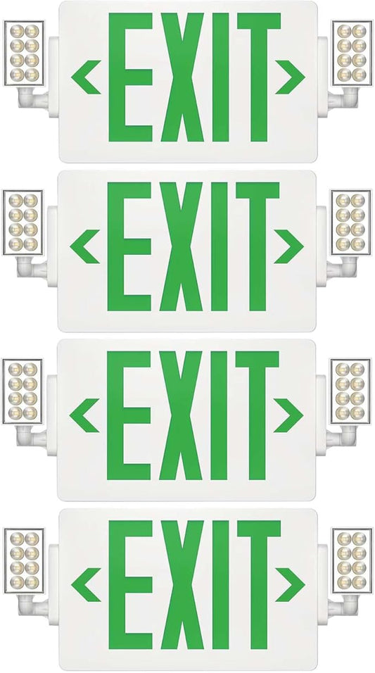 Spectsun 4 Packs Exit Signs with Emergency Lights,120-277VAC -LED Combo Emergency Light with Backup Battery-Double Face UL Listed Green Letter Exit Sign Lighting-Hard Wired-Fire Resistant