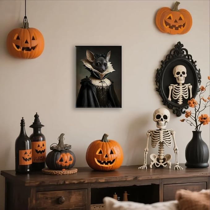 Jatinoo Gothic Bat Wall Art - Vintage Framed Canvas Print, Dark Academia & Halloween Decor, Gothic Home Aesthetic for Fantasy Art Lovers (11.5x15 Inch)