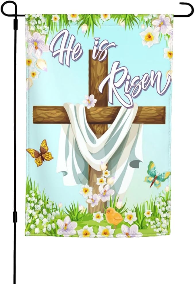 Christian Easter He Is Risen Cross Spring Garden Flag Welcome Party Outdoor Outside Decorations Picks Home House Garden Yard Decor 12x18 Inch